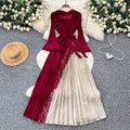 Elegant and chic commuter style tie-waist v-neck pleated midi dress - korean style long sleeve slim fit designer maxi dress