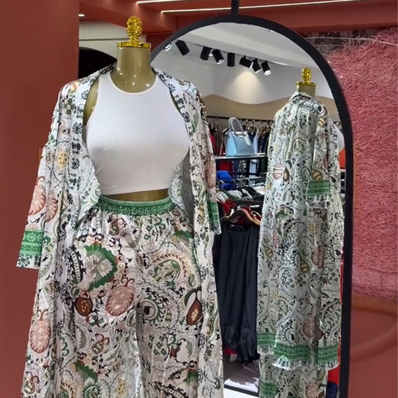 European and American  women's clothing 2025 summer new fashion thin printed long cardigan high waist trousers casual suit