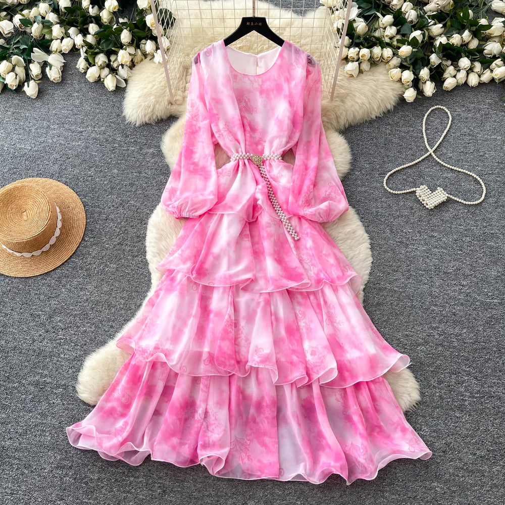French romantic purple floral print dress - women's spring/autumn long sleeve, slim fit, tiered cake dress - vacation style maxi dress