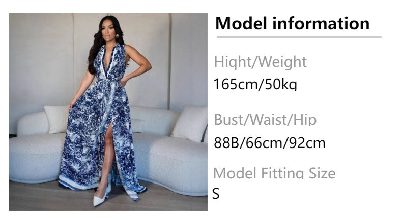 new women's printed maxi dress - fashionable, sexy, high-slit, flowy bohemian style with belt