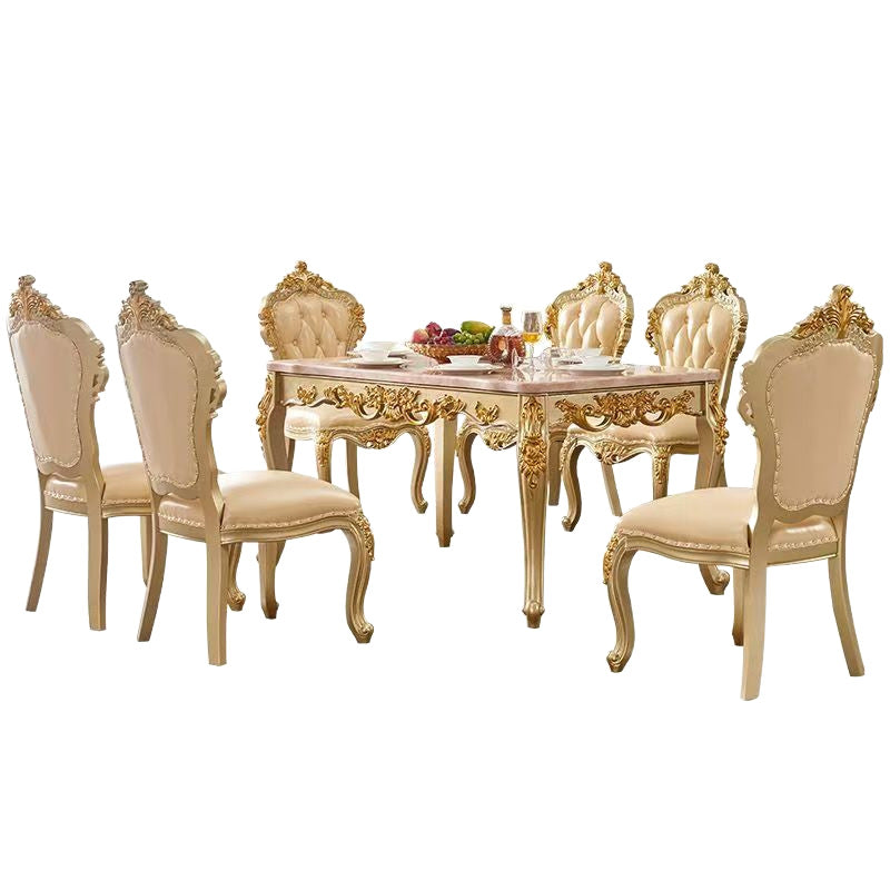 European-style rectangular dining table with marble top, luxury home dining set, deluxe table with six chairs, long table, square wooden table