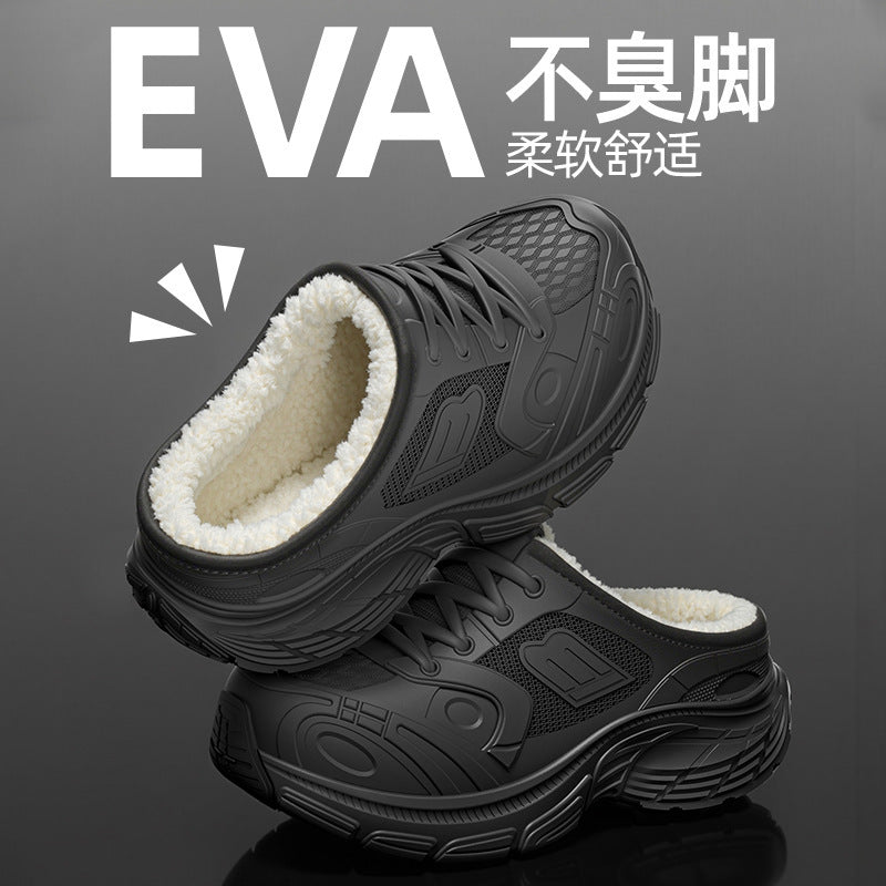 2025 new women's fleece-lined chunky sneakers: non-slip, waterproof, outdoor & indoor casual, versatile thick-soled cotton slippers