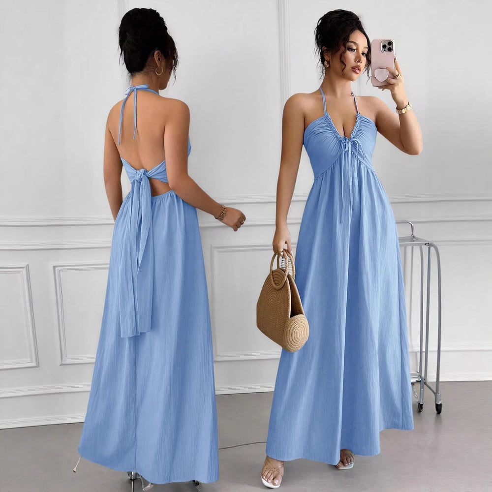 summer new arrival:  cross-border halter neck backless maxi dress - cinched waist, slimming, perfect for beach vacations