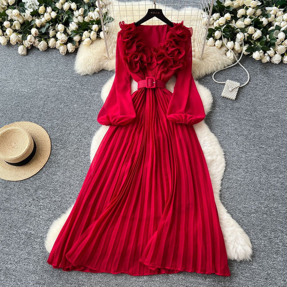 Frenchretrostereo flower lantern sleeve waist pleateddress women 2025new arrivalslimming lookelegant long skirt