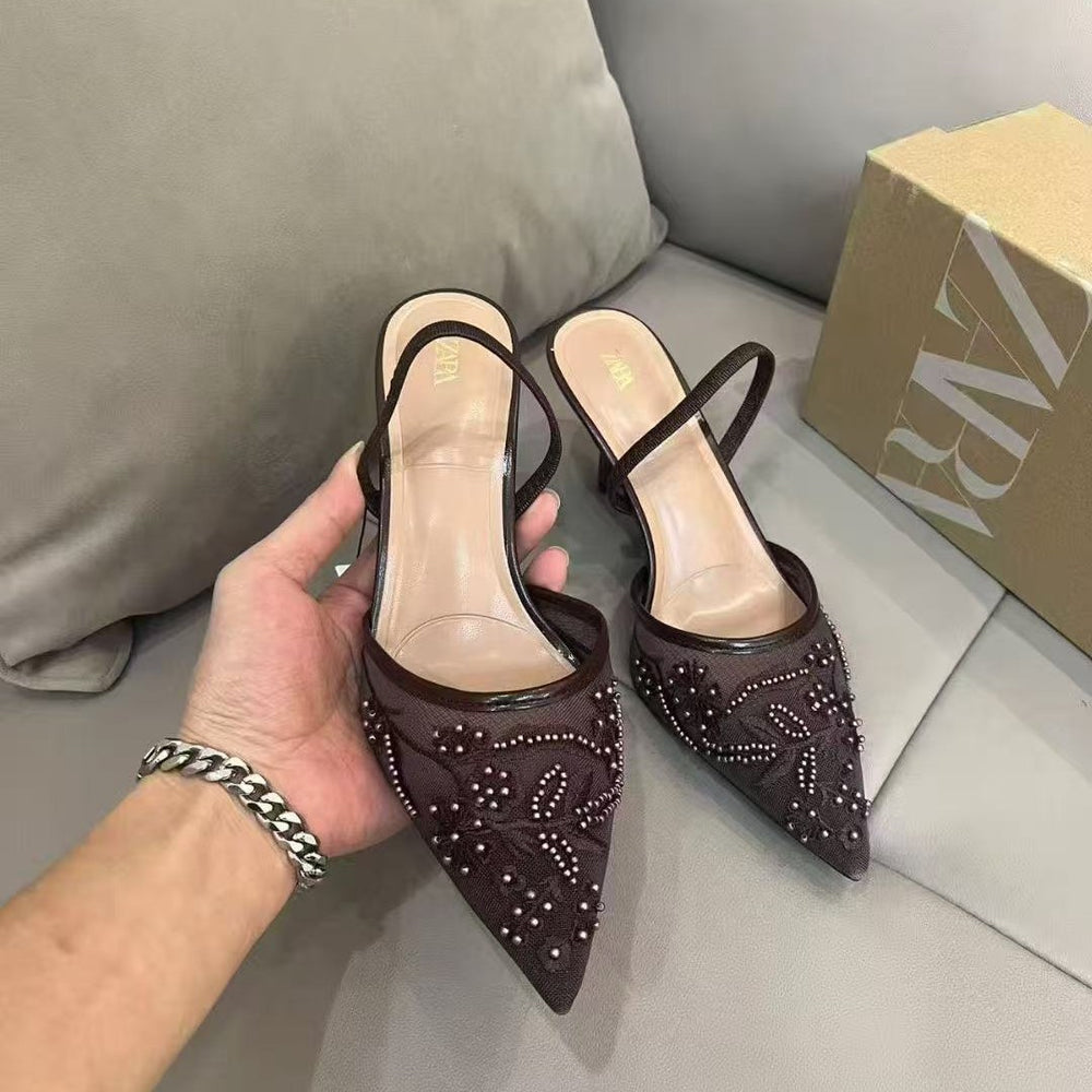 Za2026springnew arrival pointed toe stiletto mesh order toe high heels women's lace small fragrant style easiest for matchoutwear