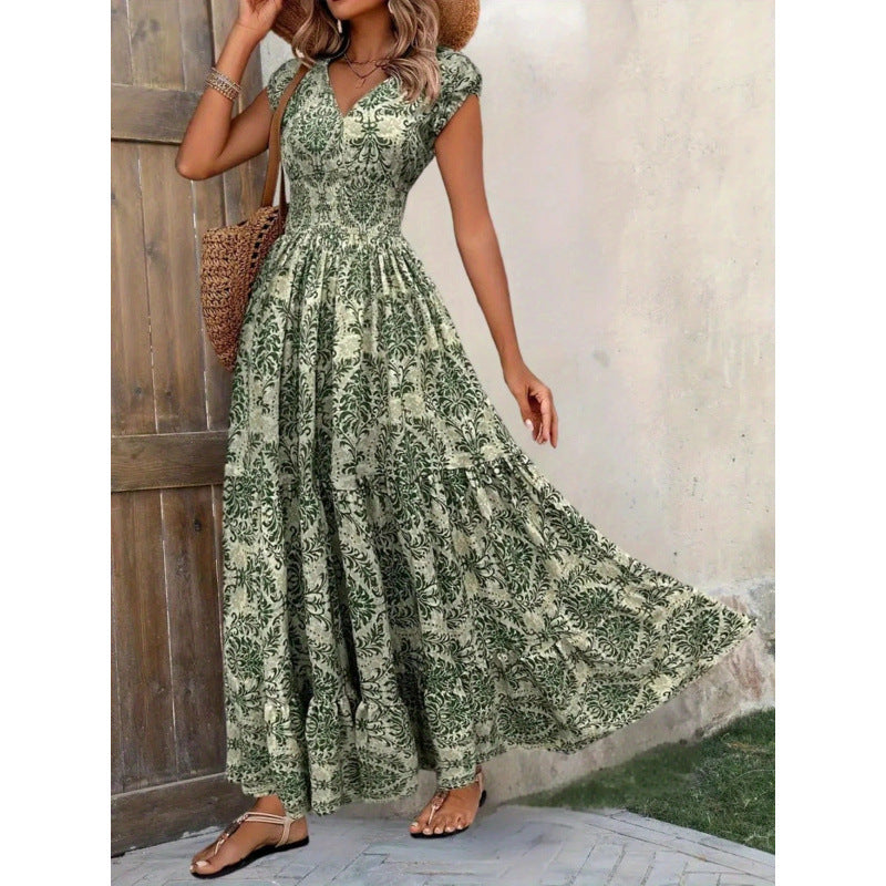 Shipped: bestselling new printed v-neck, cinched-waist maxi dress for independent e-commerce stores – european and american cross-border summer dress