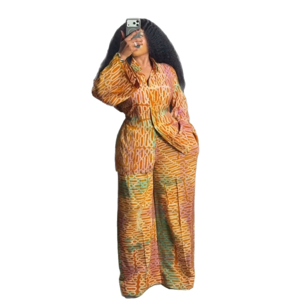 European and american cross-border women's fashion:  summer new collection - stylish printed long-sleeve shirred blouse and high-waisted wide-leg pants set
