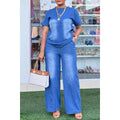 Fashionexport cross-border   new arrivalfashion washed blue loose short-sleeved denim women's suit trendy