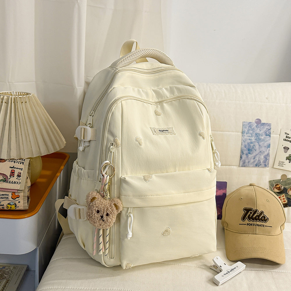 Heart embroiderypure color backpackcute style junior high school and college student backpack macaron color large capacity school bag