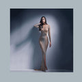 spring new arrivals: european and american fashion rhinestone embellished women's mesh evening gown, long sleeve slit maxi dress