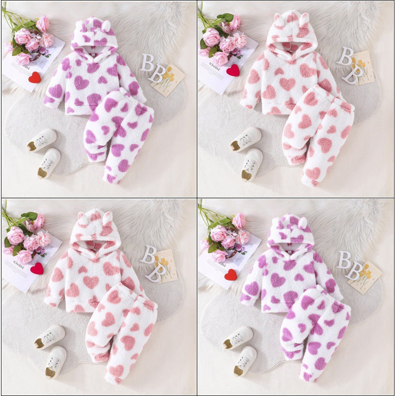 new european and american cross-border printed bear fleece hooded two-piece set for boys - hot seller, direct from the manufacturer