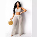 e-commerce  hot-selling european and american sexy women's clothing sexy knitted mesh cut out wool two-piece suit
