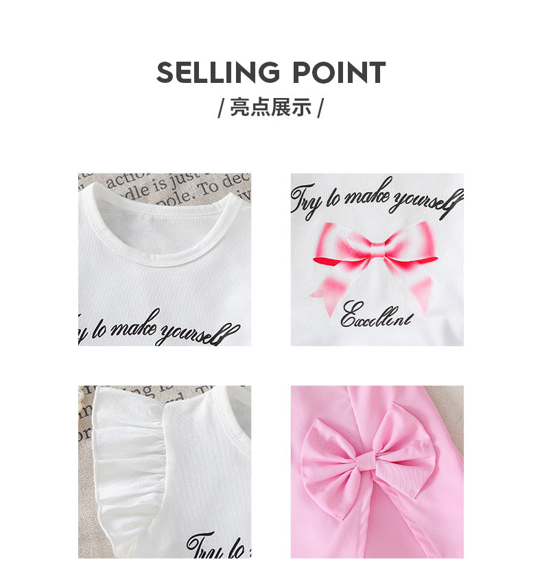 Girls' summer shorts set: flutter sleeve white top & pink bow shorts - perfect for outdoor adventures!