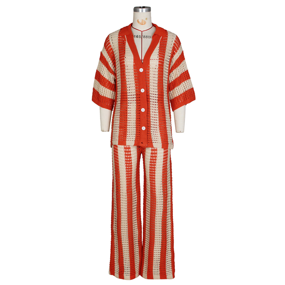 Amazon hot selling european and american women's sexy v neck cut outstripes lapel knitting wide pants suit