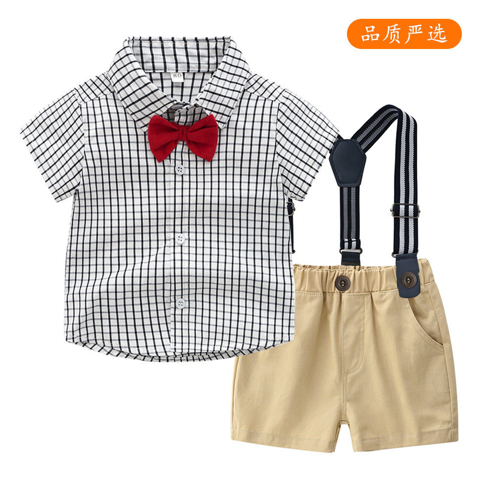 European and american boys' and girls' plaid short-sleeved shirt and shorts two-piece set, in stock. boyclothes british style outfit