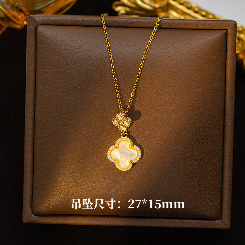 Copper inlaid zirconium four-leaf clover necklace for women, titanium steel real gold plating popularinsfashion flower exquisite sweater chain jewelry