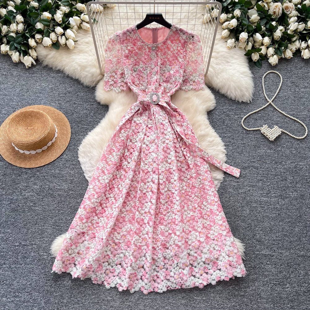 Korean style pink lace hollow-out short sleeve dress - women's summer high-waisted a-line dress - commute-friendly, elegant, and slimming