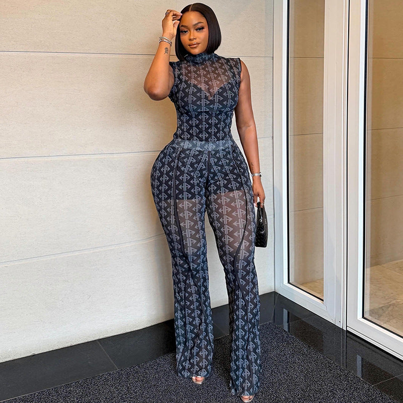 European and american style new women's loose high-neck fashion patterned pants set sleeveless cinched waist casual trendy two-piece outfit