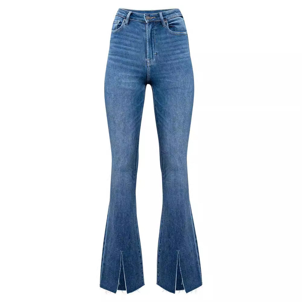 wide-leg slit jeans for women, european and american new style,  elegant high-waisted commuter jeans