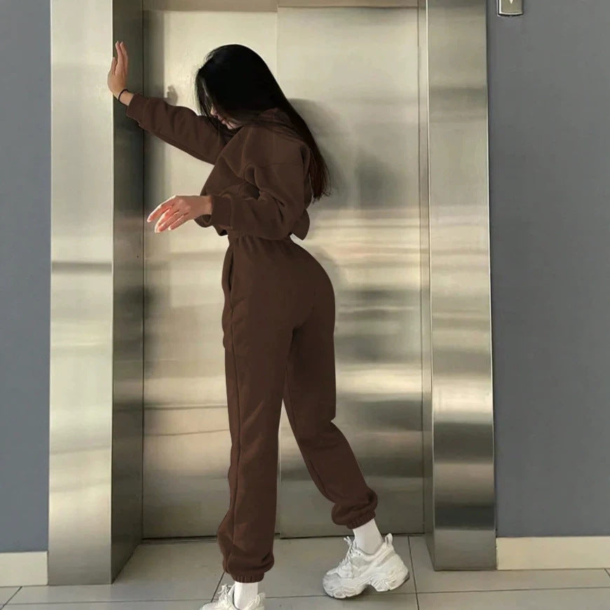 026  fashion cross-border retro brown sports suit small letter embroider short sweatshirt jogger pants