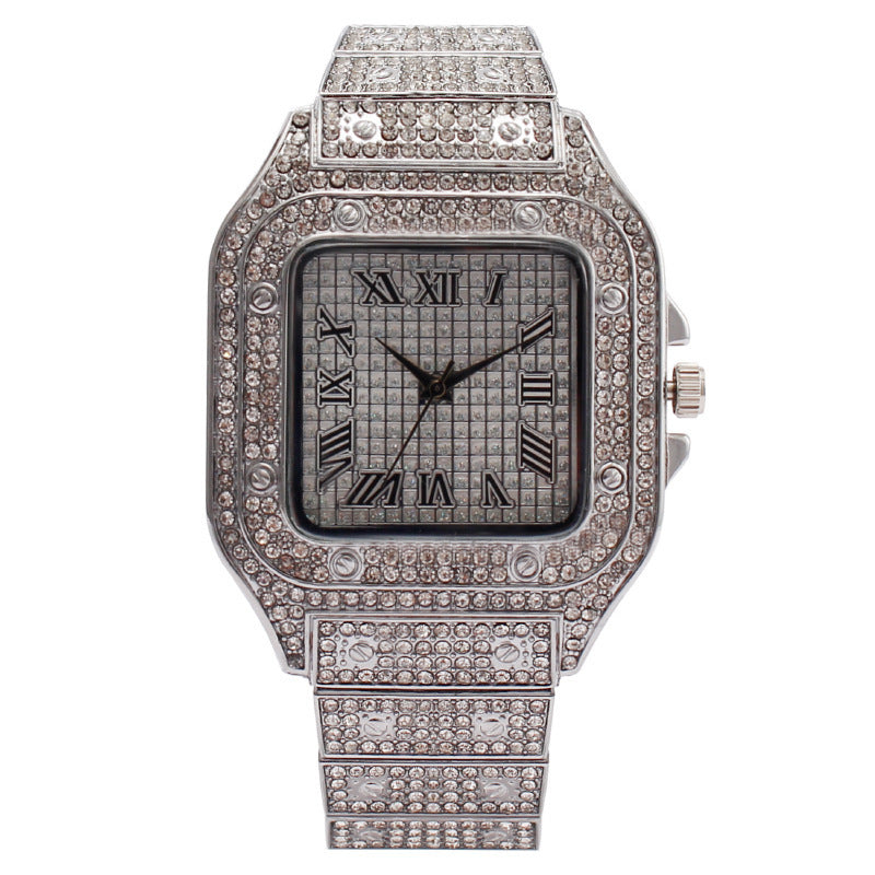 hot selling fashion square diamond-studded roman numeral dial women's quartz watch - silver & gold