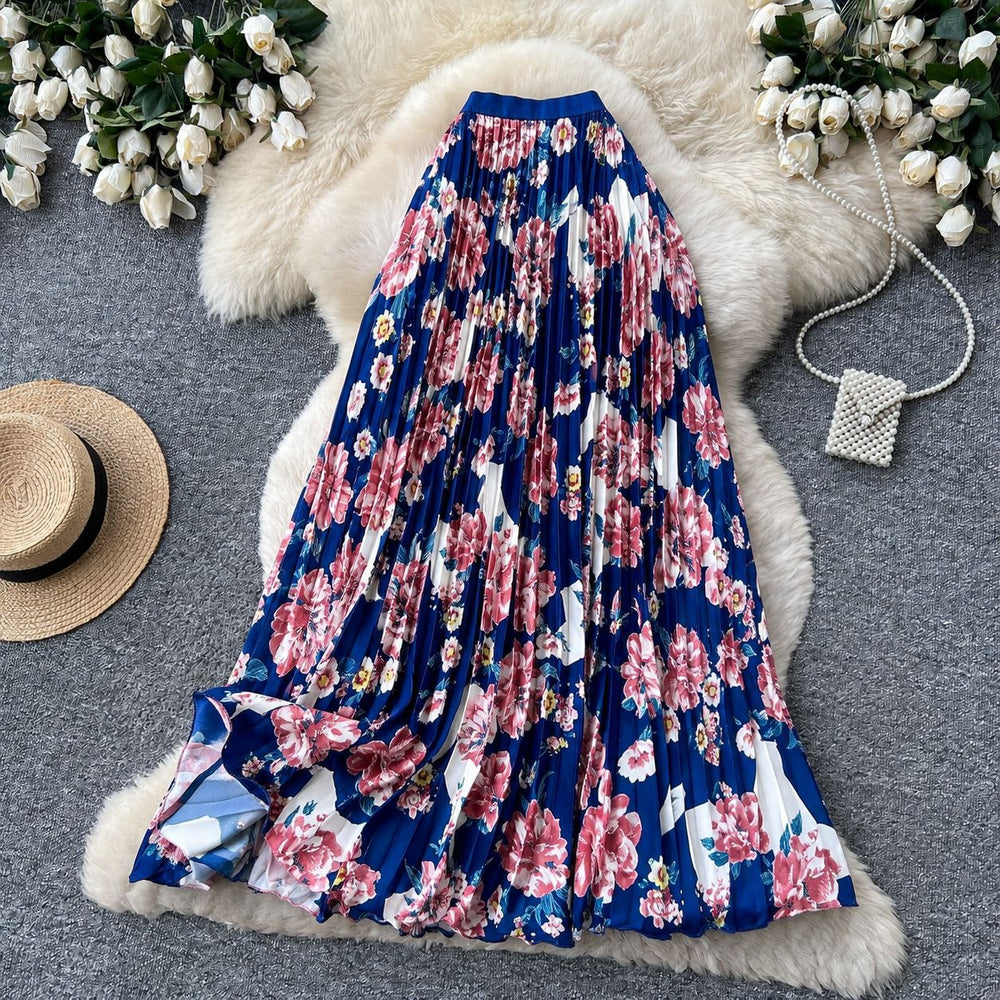 fashionretroprintingpleated elastic waist fashion skirt women's high waist a-line skirt work clothing long skirt summer