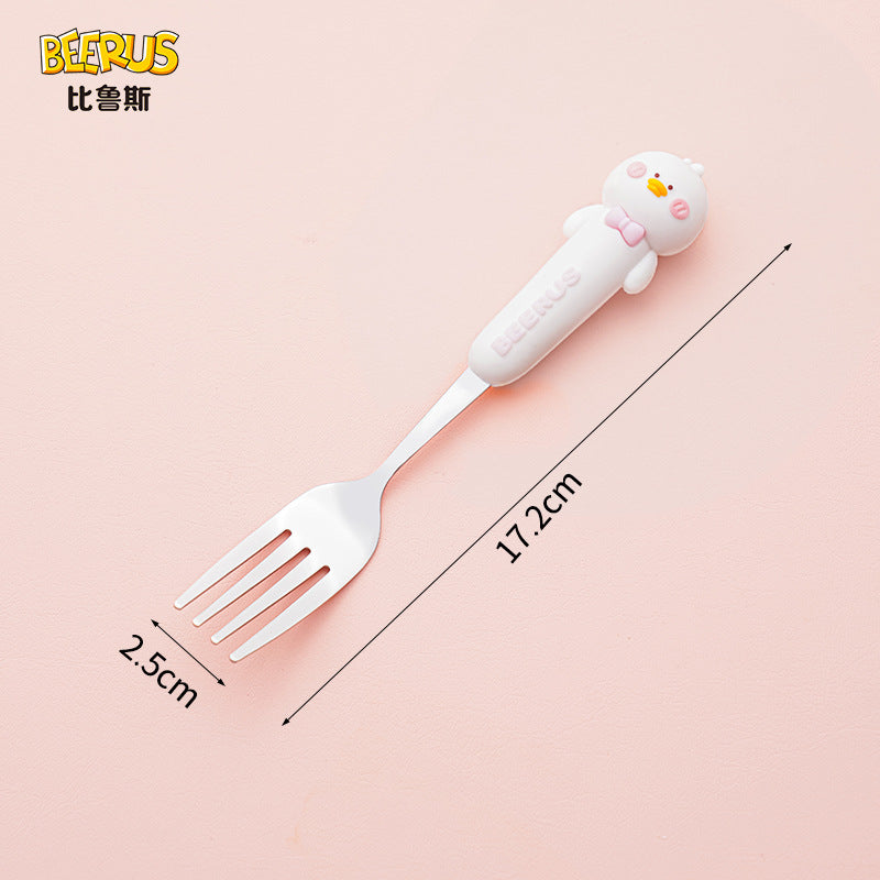 High-quality, adorable cartoon children's cutlery set featuring a cute bear design. includes a fork, spoon, and is perfect for school lunches. made of durable silicone, these portable forks and spoons are available for wholesale