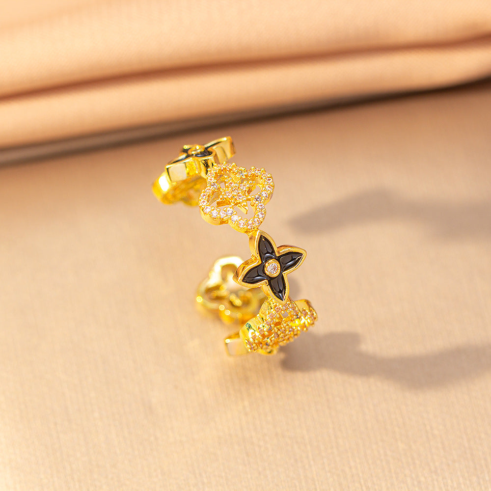 Copper micro-embedded diamond four-leaf clover hot-selling open ring female niche styleinsfashionelegantaccessible luxury ring jewelry