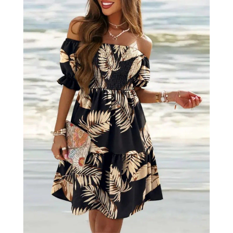 european and american independent station  new arrival short sleeve one-line collar waist pleated printingdress