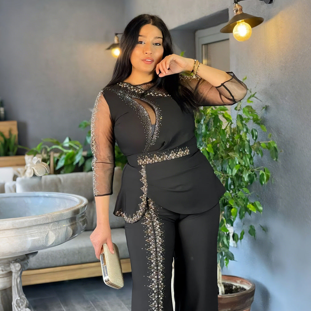 African plus size trendy new women's cross-border long sleeve top + pants two-piece set