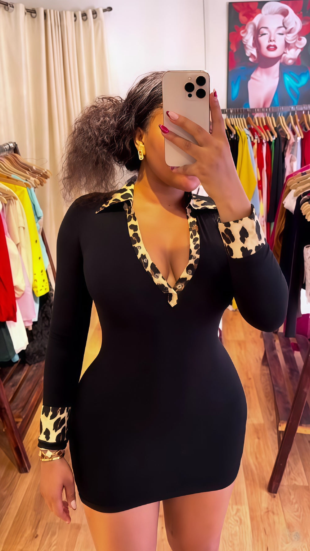 European and american cross-border women's fashion  summer new arrival: long sleeve deep v leopard print turn-down collar sexy bodycon mini dress
