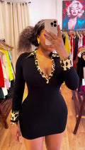 European and american cross-border women's fashion  summer new arrival: long sleeve deep v leopard print turn-down collar sexy bodycon mini dress