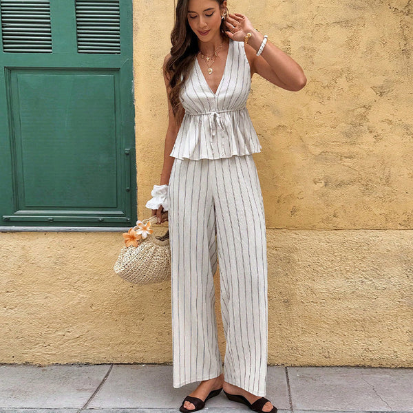 Cross-border  fashion European and American striped sleeveless top straight trousers set 2025 new small vest two-piece set