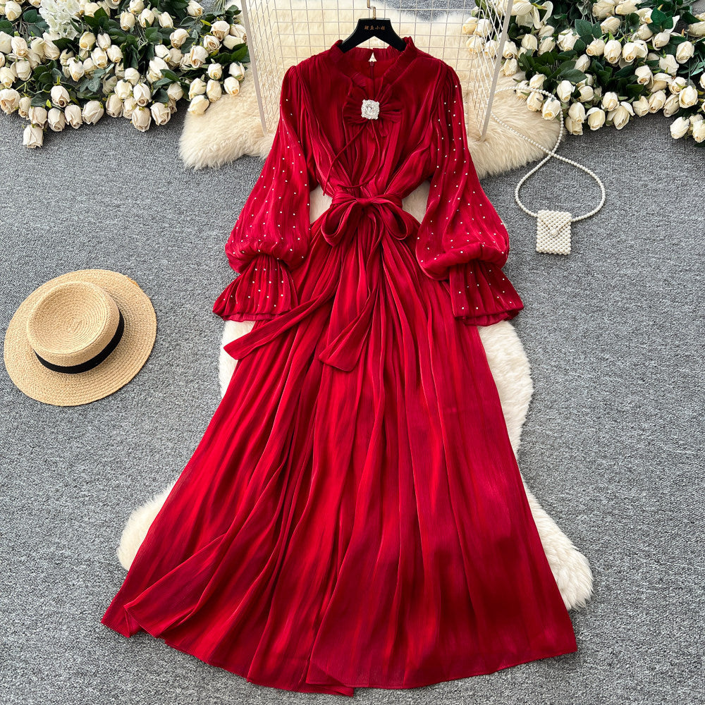 Lightly mature style diamond-encrusted elegance a-line dress women's long sleevestie back waist slimming lookelegant pleated long skirt work clothing