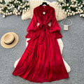 Lightly mature style diamond-encrusted elegance a-line dress women's long sleevestie back waist slimming lookelegant pleated long skirt work clothing