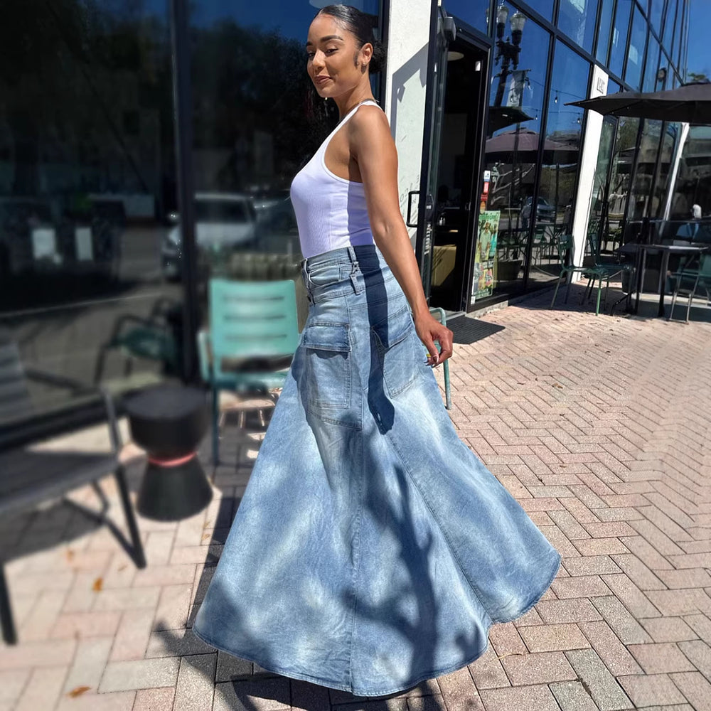 European and american style faux two-piece denim skirt jeans -  cross-border women's fashion streetwear trendy symmetrical slit jeans