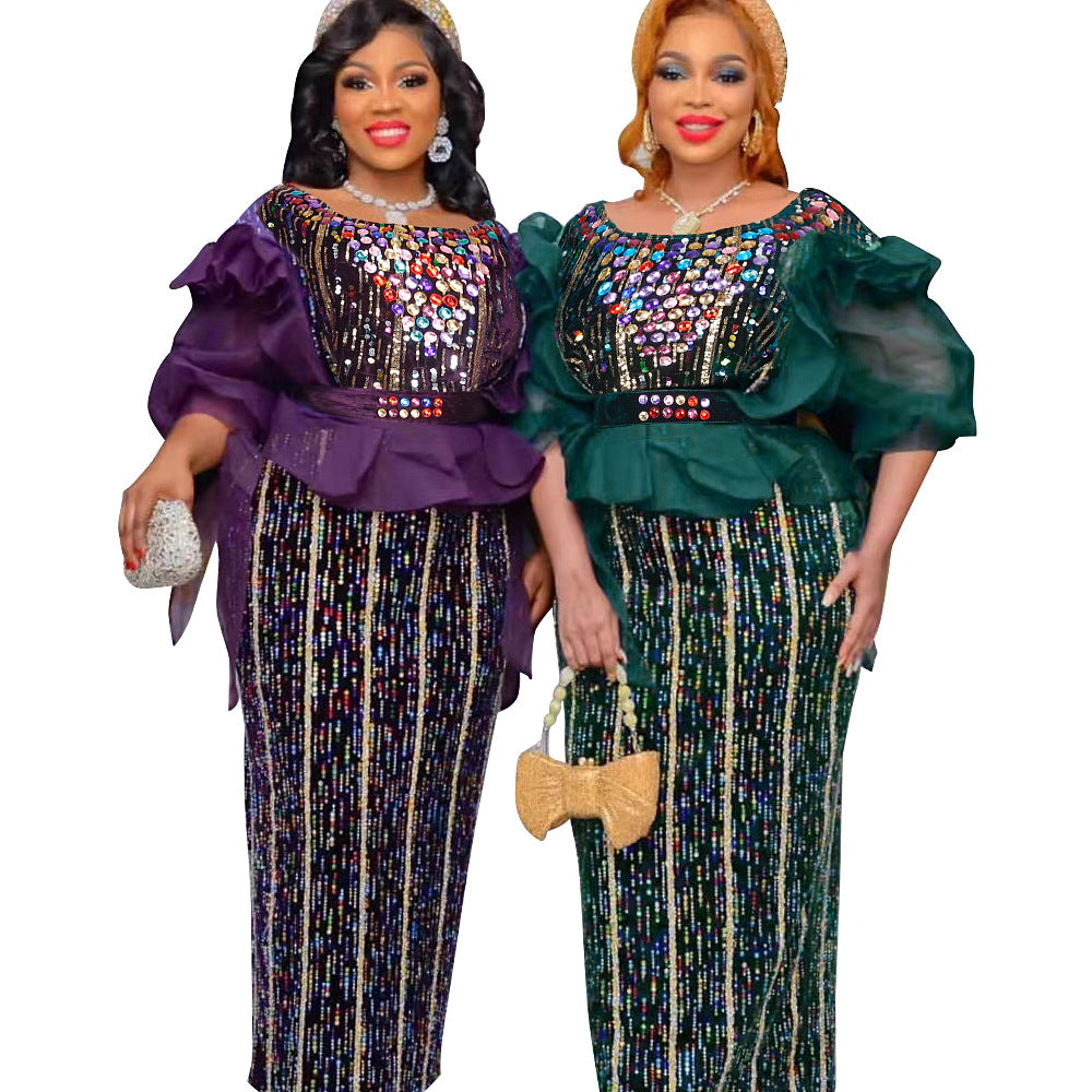 new party evening dress, heavily rhinestone embellished, hot-selling  african women's dress with belt included