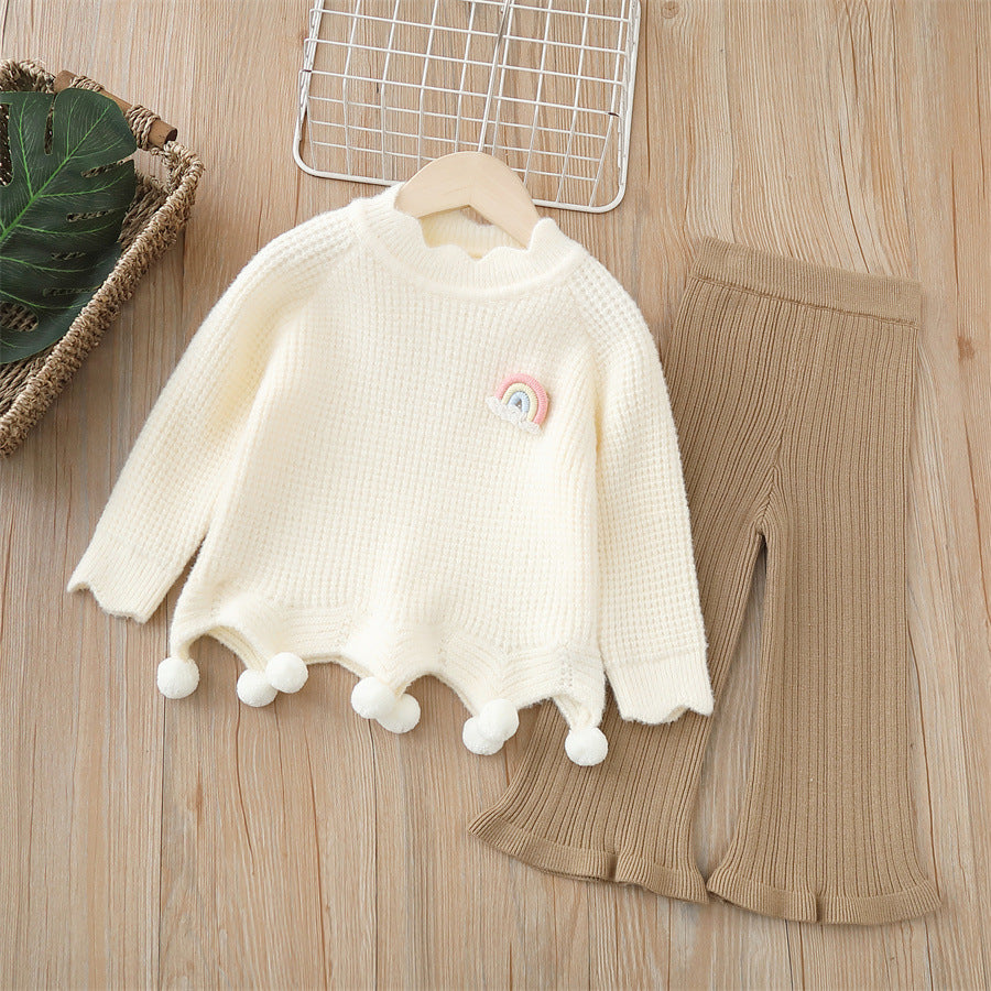Dropshipping girls' knitted sweater two-piece set -  autumn/winter new collection - handmade floral pants outfit for baby girls