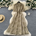French high-end vintage embroidered cinched-waist short-sleeve dress - women's  summer slimming, elegant, and chic maxi dress