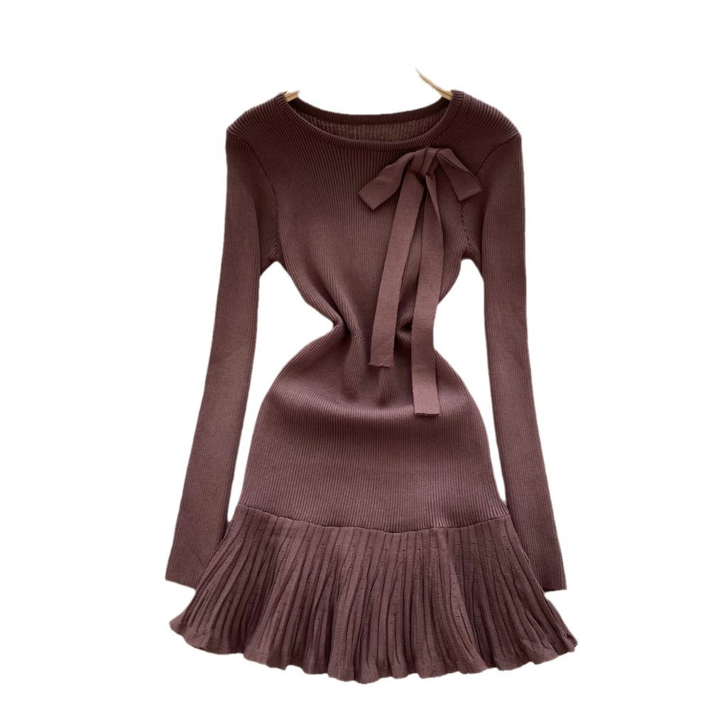 French chic knit dress - autumn/winter collection: bow accent, ruffle trim, unique design, elegant mini dress