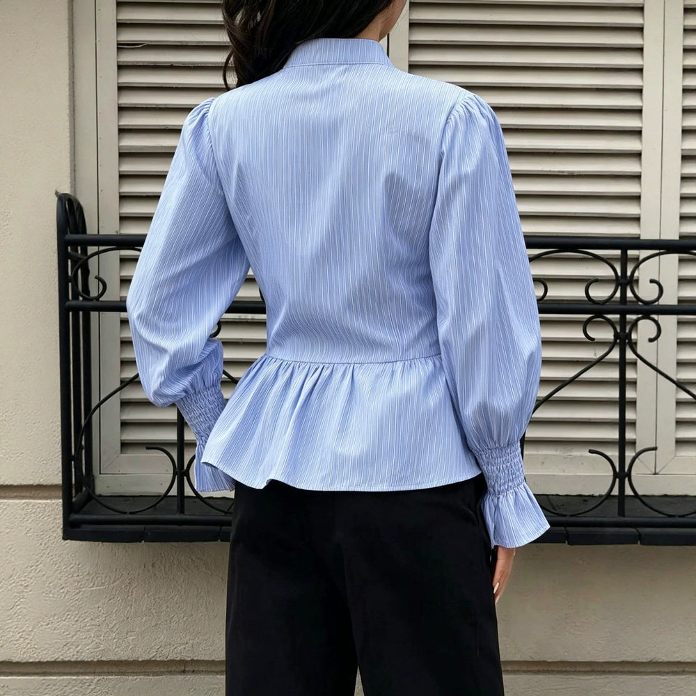 cross-border fashionable striped button-down shirt with ruffle sleeves and cinched waist – versatile style for us and european export