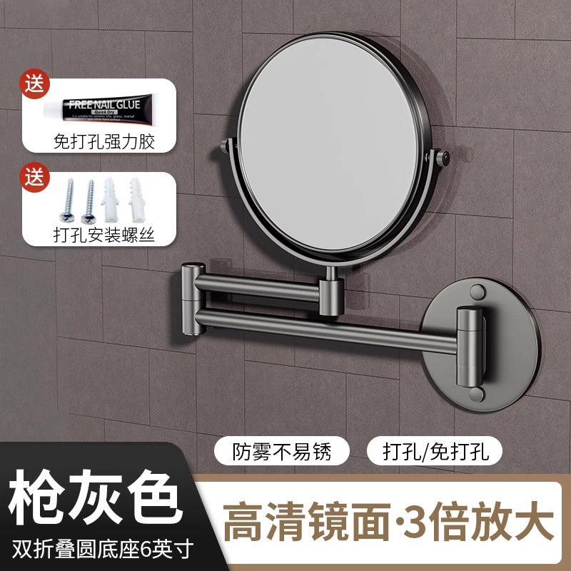 Perforated magnifying glass bathroom with light makeup mirror high definition led free foldable dressing mirror wall hanging telescopic bathroom