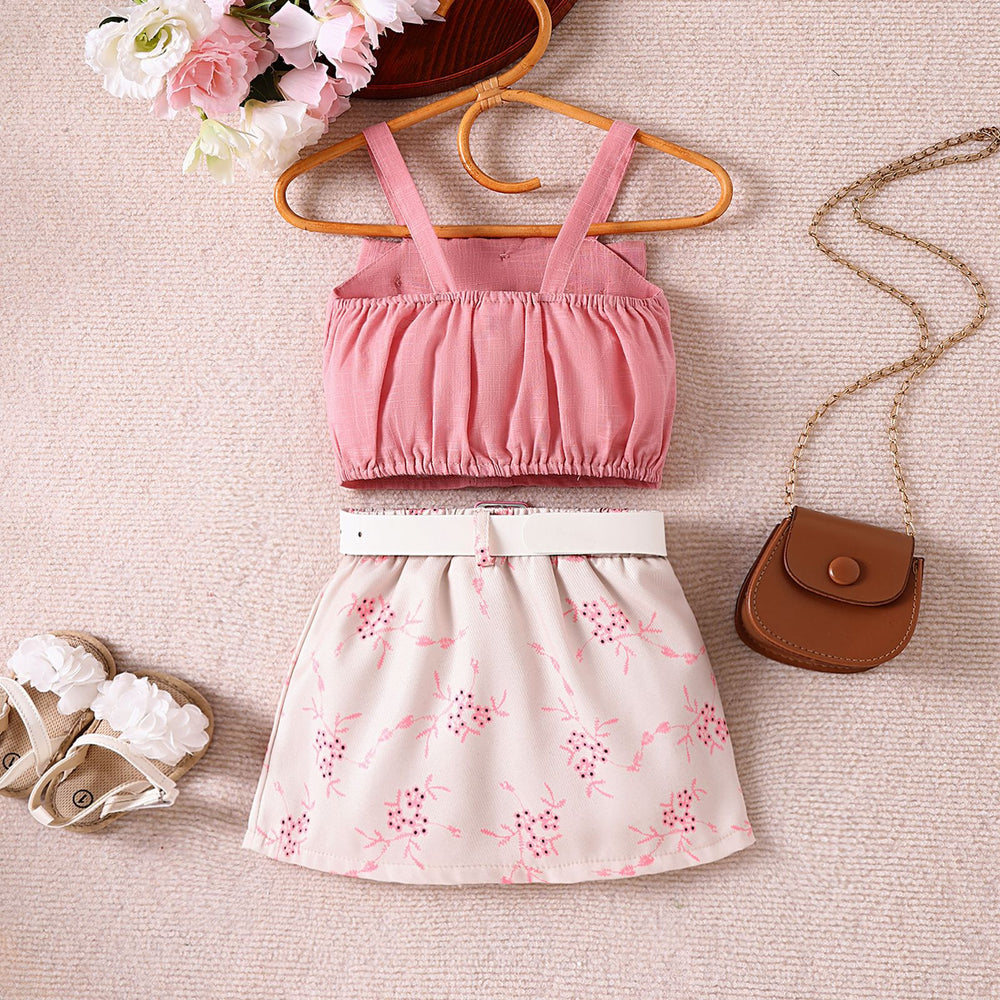 e-commerce summer sweet girl's outfit for us and european markets: camisole top + printed skirt + belt, new arrivals for toddlers and young children