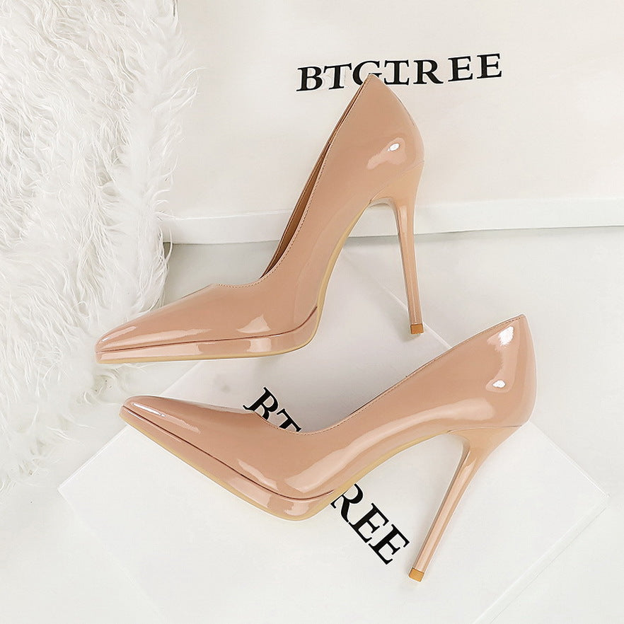 Patent leather high heels for women new arrivalfrenchelegant pointed toe waterproof platform non-tiring feet stiletto work clothingflats nude flats
