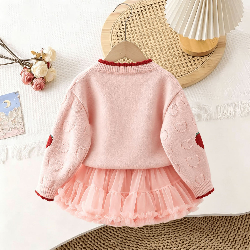 Girls' knit sweater set -  autumn/winter new collection - embroidered strawberry knit cardigan & tutu skirt two-piece set