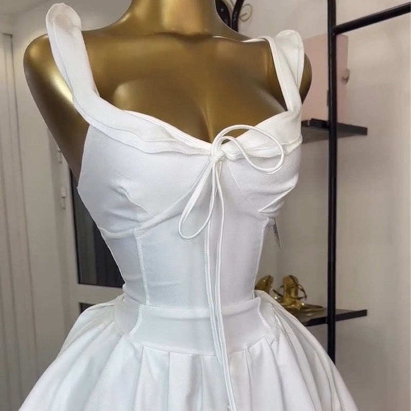 European and american cross-border women's fashion:  summer new arrival - elegant tie-waist high-waisted a-line sleeveless mini slip dress