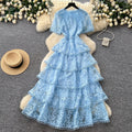 French sweet style pink lace dress women's summer korean high waist cake dress socialite elegant long dress