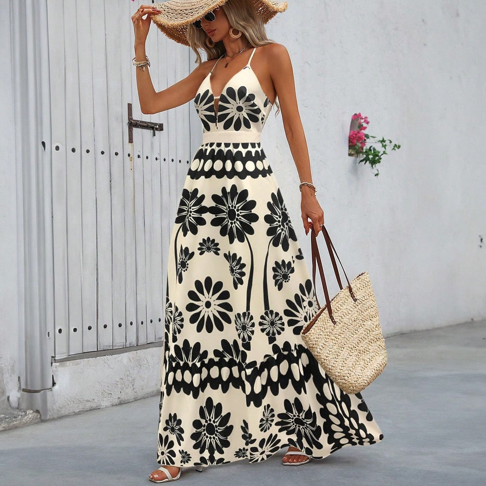 European and american cross-border foreign trade short-sleeved wholesale new printed suspender long skirt vacation style backless