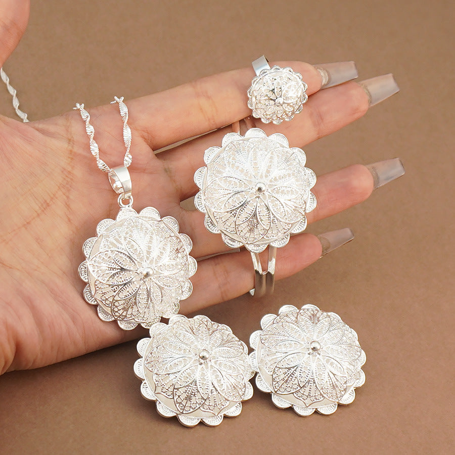 Middle eastern silver plated jewelry set pendant necklace earrings ring bracelet women's wedding party gift set