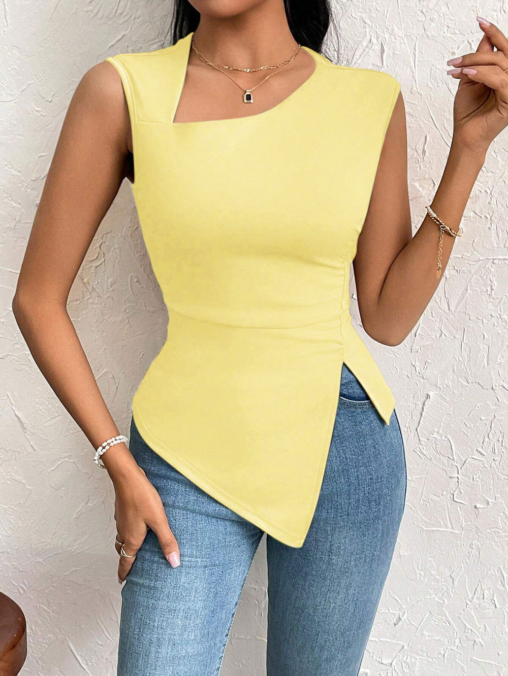 Amazon cross-border women's fashion: european and american elegant style t-shirt,  spring/summer new arrival, asymmetrical neck, slim-fit cropped solid color top